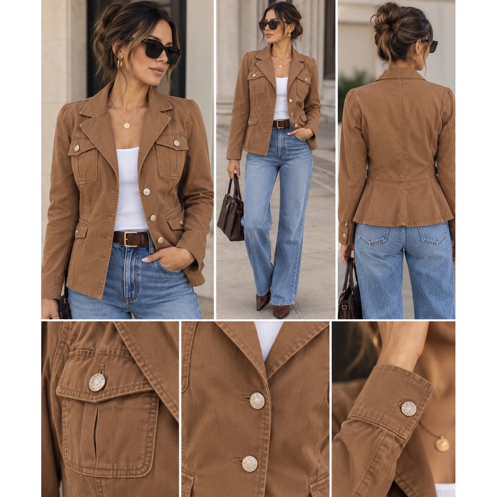 White House Black Market Brown Cotton Utility Blazer Jacket XL 570340467